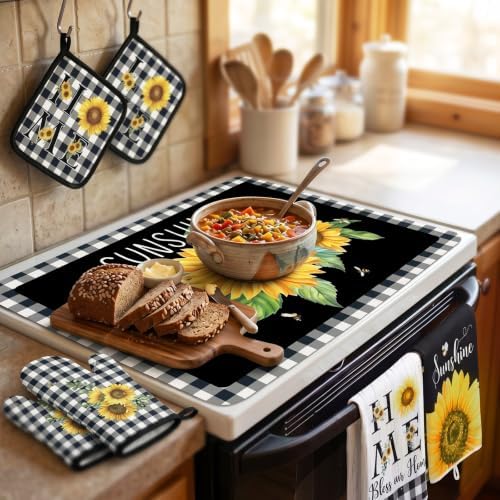 Fourluoo 7 Pcs Summer Sunflower Buffalo Plaid Kitchen Decor and