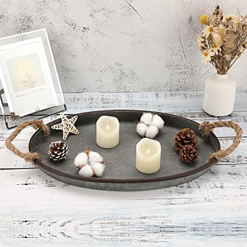 Hipiwe Galvanized Metal Iron Tray Farmhouse Serving Trays with Rope