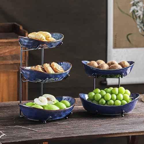 2-Tier Fruit Bowls for Kitchen Counter,Dark Blue Ceramic Bowl with Black Metal Stand,2 Tier Fruit Basket for Fruit,Snack,Cake,Nuts,Dessert Storage