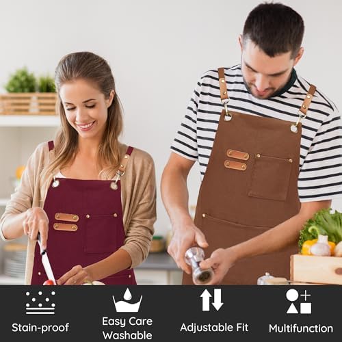 Chef Canvas Aprons with 3 Large Pockets Adjustable Strap for Men Women
