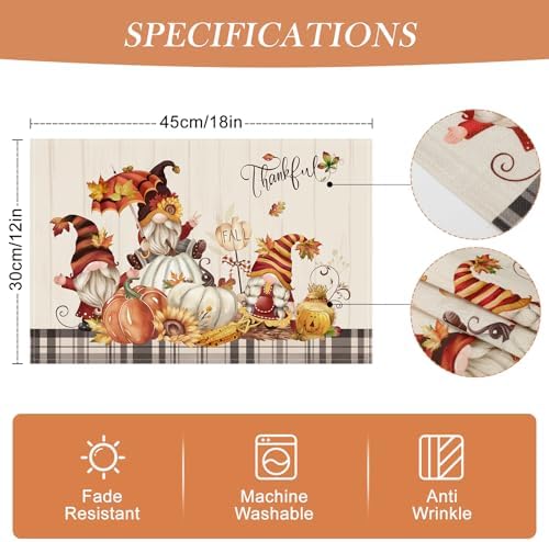 Bonhause Gnomes Pumpkins Fall Placemats Set of 4, 12x18 Inch Autumn