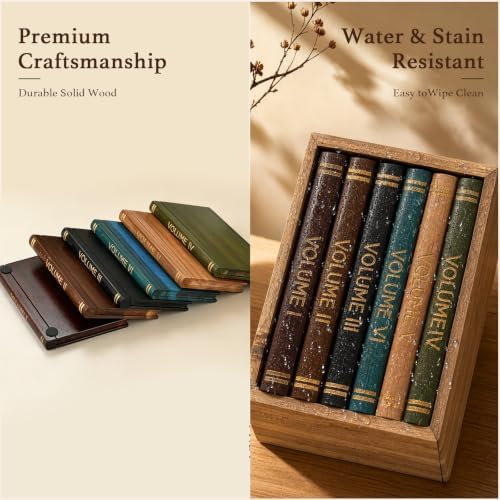 Book Coasters Set of 6 | Wood Coasters - Book-Style Decorative Wooden
