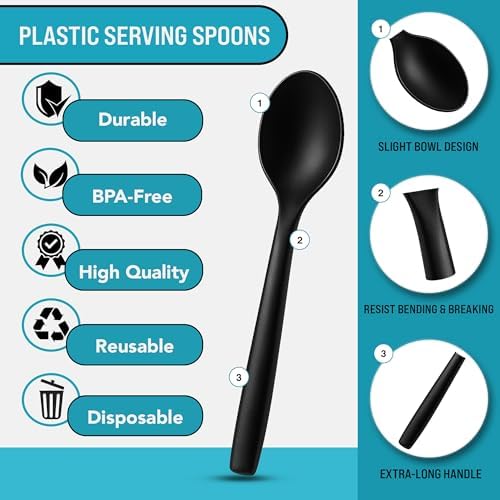 10" Black Plastic Serving Spoons for Buffet, 72 Pack