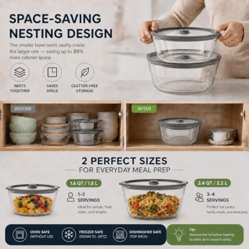 2 Pack Extra Large Glass Food Storage Containers with Lids