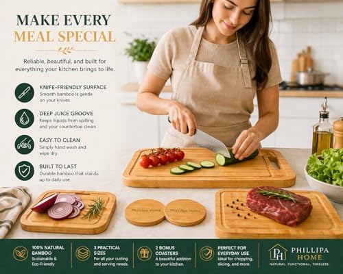 Bamboo Cutting Board Set of 3 for Kitchen – Large, Medium, Small
