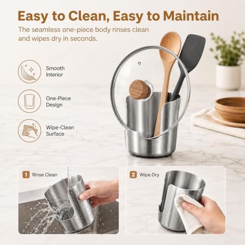 304 Stainless Steel Kitchen Utensil Holder, Countertop Pot Lid & Spoon