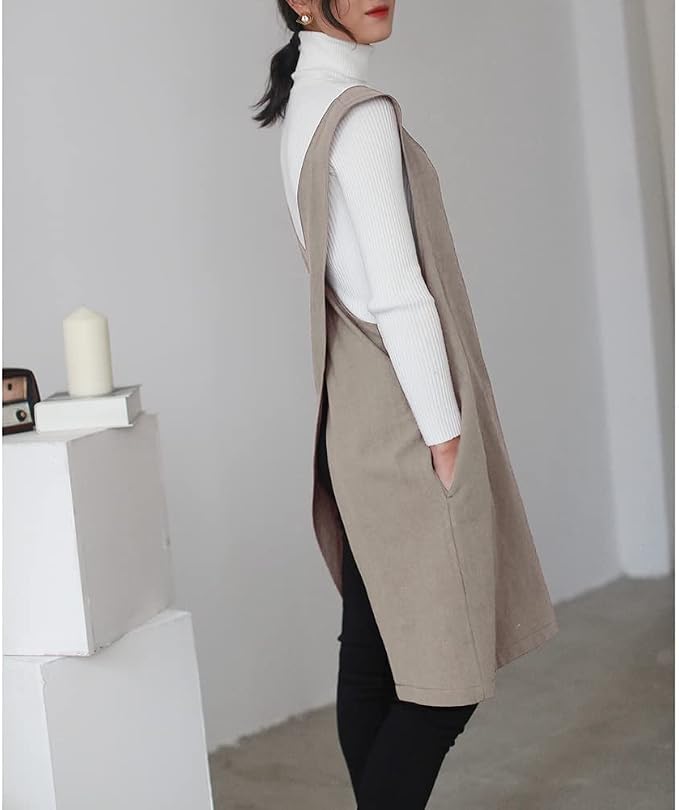 Cotton Linen Japanese Apron Halter Cross Back Bandage X Shape Aprons Two Pockets - Image 4