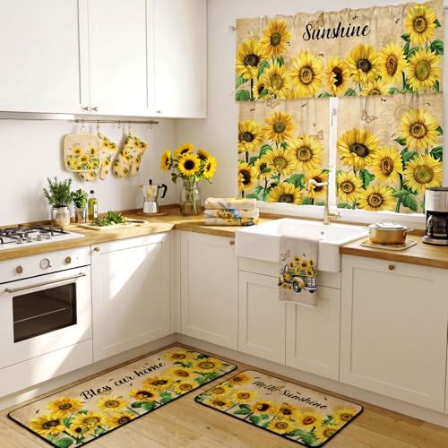Fanfanwin 13 Pcs Sunflower Kitchen Set 3 Kitchen Curtains Valance 2