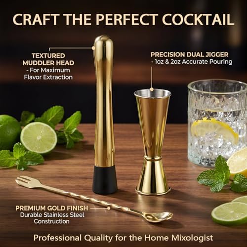 Gold Muddler for Cocktails, 10 Inches Bar Spoon, 1 oz 2 oz Double