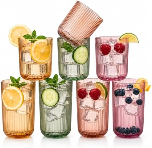 Set of 8 Dopamine Colored Ribbed Glassware, 4 Highball Glasses 14oz &