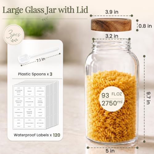 CONNOO 3Pcs-93oz Large Cereal Containers Storage with Acacia Wood Lids