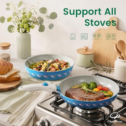 Chef Power Ceramic Cookware Set Non Toxic with Detachable Handles, Healthy Nonstick Decal Pans and Pots Set 14 Pcs, Induction Dishwasher Oven Safe Kitchen Set, Turquoise with Bougainvillea
