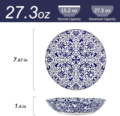 7.8 Inch Porcelain Pasta Bowls Set of 6, Ceramic Salad Bowls Blue &