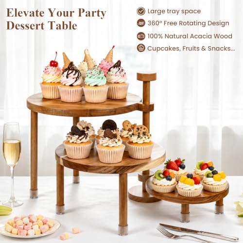 LOVYANXUE Acacia Wooden Cupcake Stand, 3 Tier Round Cake Stand 360°