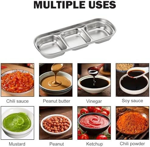 6 Pcs Soy Sauce Dish Stainless Steel 3 Compartment Korean Sauce Plate