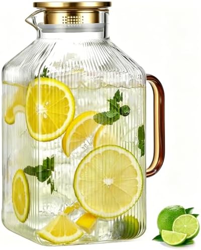 1 Gallon Square Glass Pitcher with Lid, Vertical Striped Square