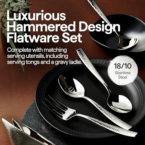 LUCIELLA 65-Piece Hammered 18/10 Forged Silverware Set and serving