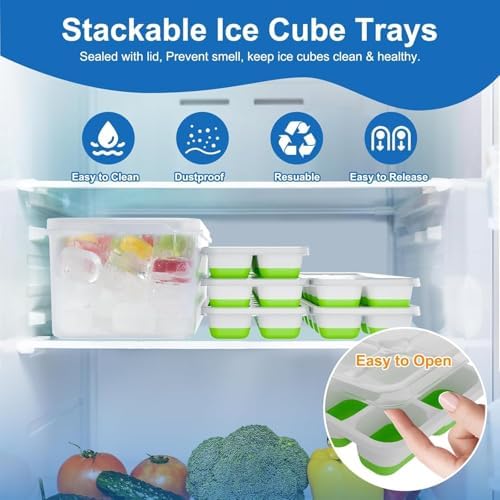 Ice Cube Trays for Freezer with Lid and Bin, 4 Pack Silicone Set