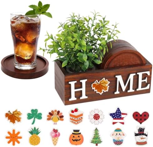 Wood Coasters Set of 4 for Drinks with Holder for Table Decor