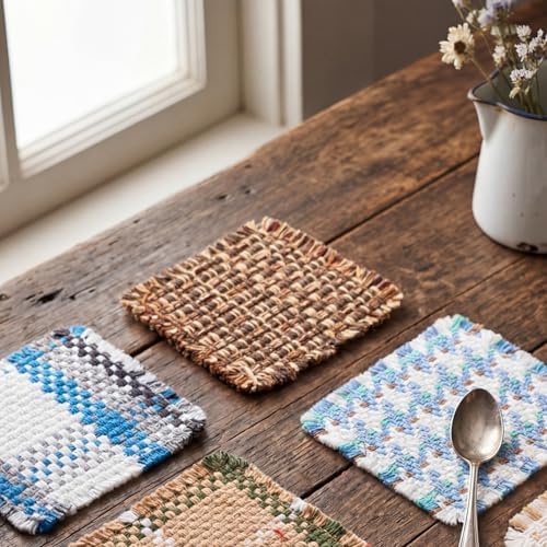 Set of 10 Fabric Drink Coasters, Handcrafted Cotton Woven Coasters for