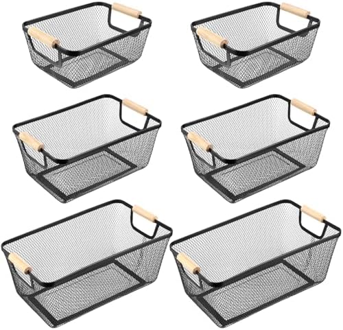Maxcheck 6 Pack 3 Size Metal Wire Baskets with Wood Handles, Black