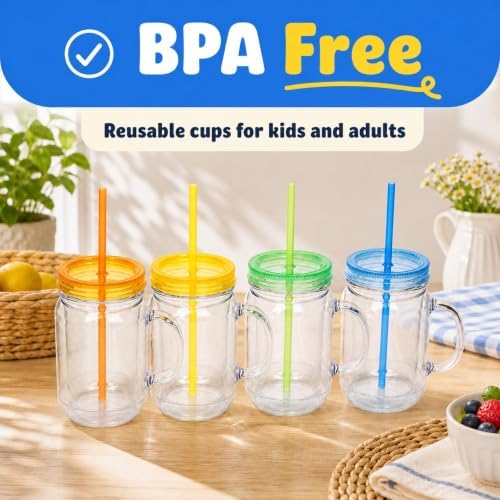 Plastic Mason Jars with Handles, Lids and Straws | 20 oz Double