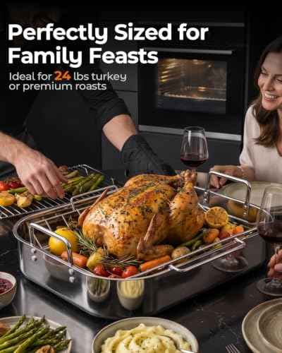Stainless Steel Turkey Roasting Pan with rack, Up to 24 lb turkey