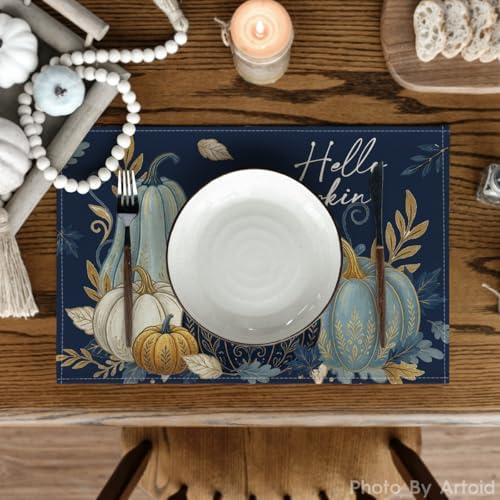 Artoid Mode Blue Hello Pumpkin Fall Placemats Set of 4-12 x 18 Inch