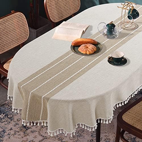 HOMBYS Solid Embroidery Oval Tablecloth with Tassels for Oval Table