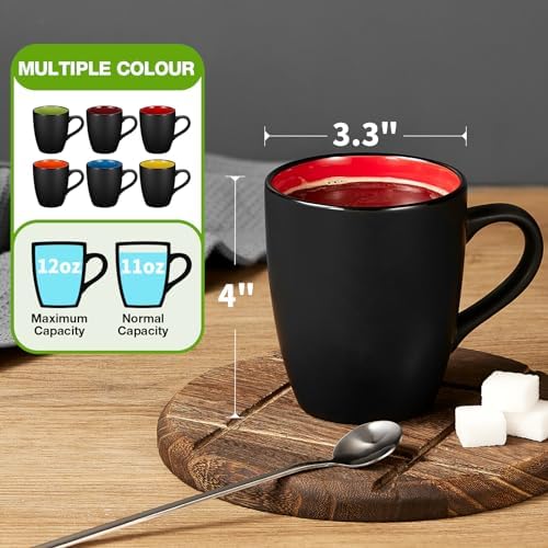 Qipecedm 6 Pack Porcelain Coffee Mugs Set, 12 Ounces Ceramic Coffee