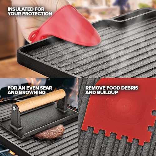 Cast Iron Griddle/Grill Reversible Combo Set + Protective Mitts, Grill Press & Scraper- Pre-seasoned Indoor & Outdoor gas Stove Griddle- Stovetop, Camping or Home Cooking Non-Stick Griddle Pan