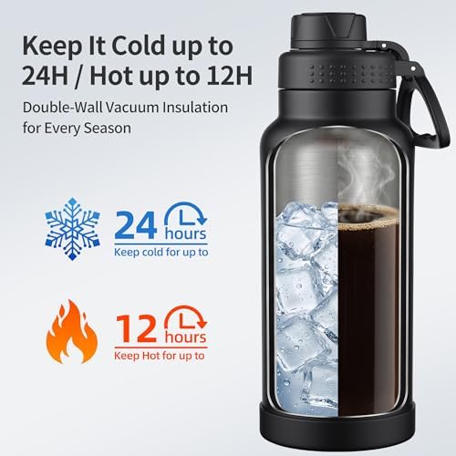40 oz Insulated Water Bottle 2 Lids Stainless Steel Vacuum Flask