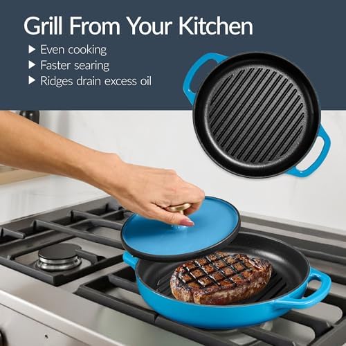 Best Choice Products 6-Piece Cast Iron Cookware Set, Ceramic Coated 6Qt Dutch Oven, 2Qt Skillet W/Lid, 10" Grill Pan W/Press, Non-toxic, Heavy Duty, Gas/Induction Compatible, PFAS Free - Blue