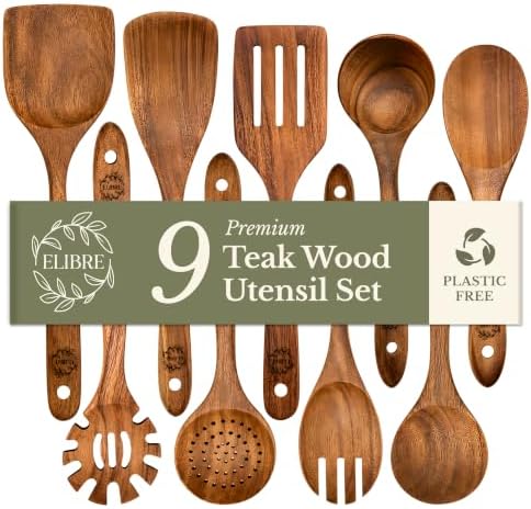 ELIBRE 9-Piece Teak Wood Kitchen Utensil Set