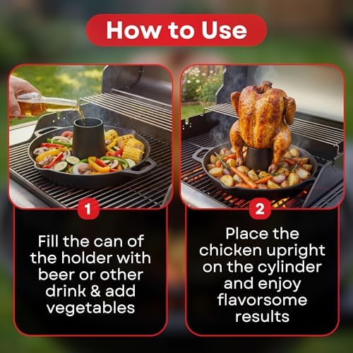 Cast Iron Vertical Chicken Roaster with Drip Pan - Beer Can Holder for