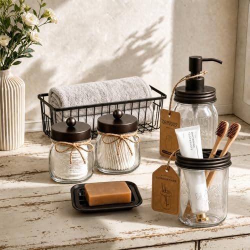 SheeChung Mason Jar Bathroom Accessories Set, 6Pcs Brown
