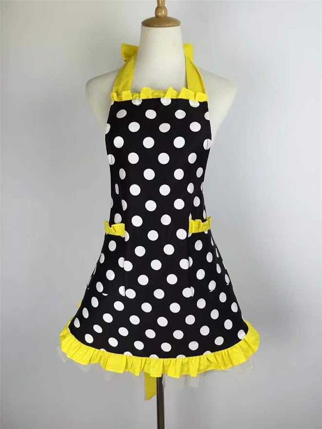 Hyzrz Cute Apron Retro Black Polka Dot Retro Ruffle Side Vintage Cooking Aprons - Image 4