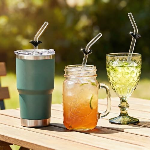 Black Bat Glass Straws with Charms, 8mm 9Inch Bent Straws for Gothic