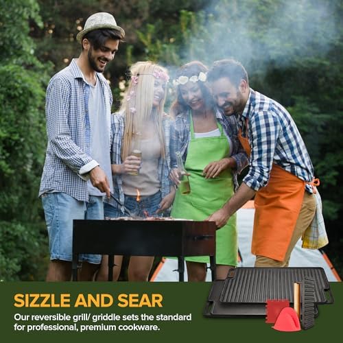 Cast Iron Griddle/Grill Reversible Combo Set + Protective Mitts, Grill Press & Scraper- Pre-seasoned Indoor & Outdoor gas Stove Griddle- Stovetop, Camping or Home Cooking Non-Stick Griddle Pan