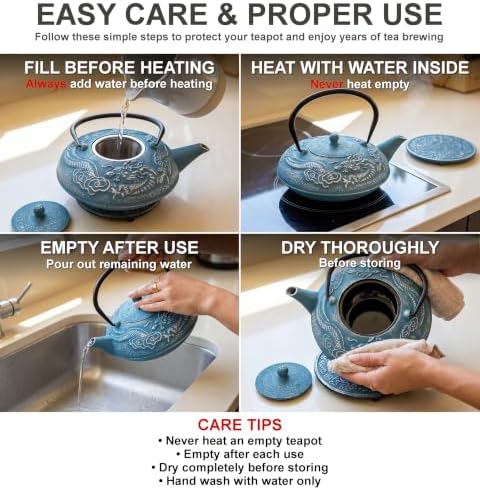 40 Oz Blue Dragon Cast Iron Teapot, Enamel Interior, Infuser & Trivet
