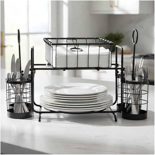 Metal Buffet Caddy Tabletop Organizer, Flatware Napkin and Plate