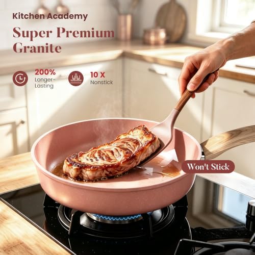 Kitchen Academy Induction Pots and Pans Set Non Stick, 12Pcs Pink