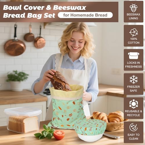 Reusable Beeswax Bread Bags for Homemade Bread and Bowl Cover, Cotton