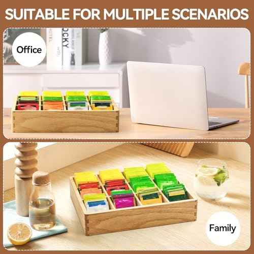 KIRIGEN Wooden Tea Bag Organizer for Drawer, 12 Compartments, Natural