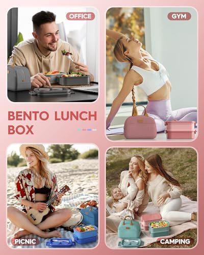 Adults Bento Lunch Box Set with Thermo Bag, 74oz Stackable Leak-proof