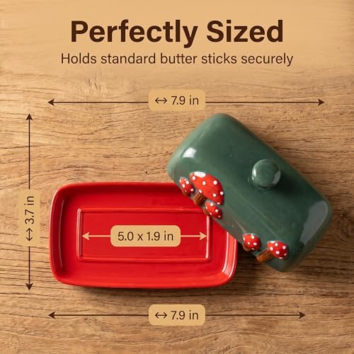Mushroom Ceramic Covered Butter Dish Red Base Green Lid Plate with