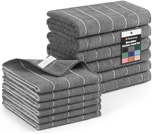 Homaxy Microfiber Kitchen Towels and Dishcloths Sets, 12 Pack, Grey