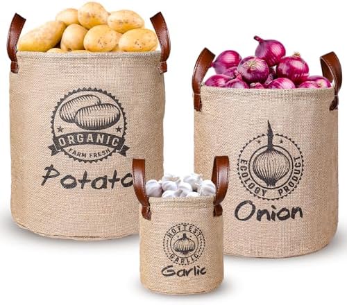 Kamehame Potato and Onion Storage Baskets Pack of 3, Lined Burlap