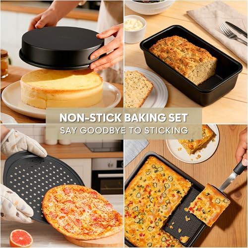 10-Piece Nonstick Bakeware Set, 0.8MM Thick Carbon Steel Baking Pan Set for Oven with Cookie Sheet, Muffin Pan, Pizza Pan, Loaf Pan and Cooling Rack, Stackable Kitchen Baking Set, PFOA/PTFE Free