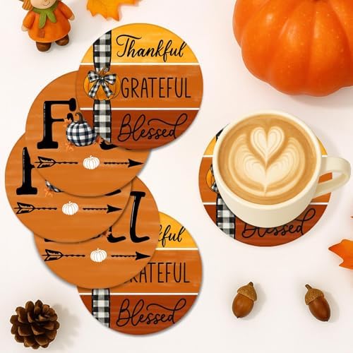 Fall Coasters for Drinks, Set of 6, Ceramic Stone Pumpkins